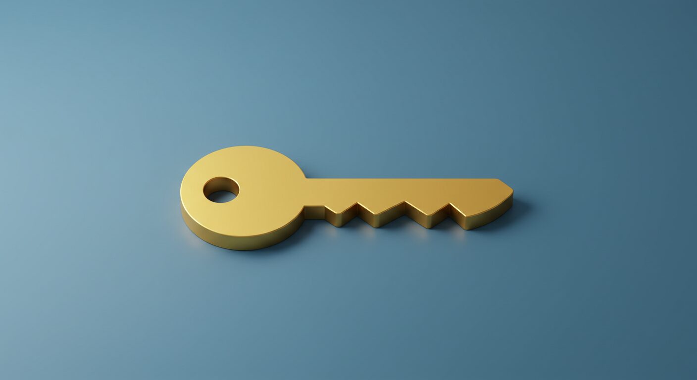 売上安定とLTV向上の鍵 - シンプルで光沢のある金色の鍵のアイコンのミニマルイラスト。