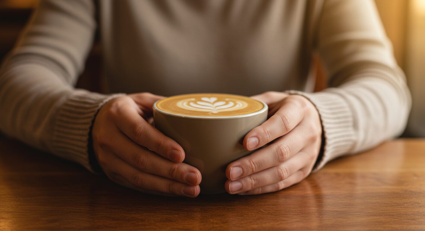 お客様がまた来たいと感じる瞬間 - 温かい飲み物が入ったカップを両手で持つ人物の手元を写した、心地よい雰囲気の写真風イメージ。
