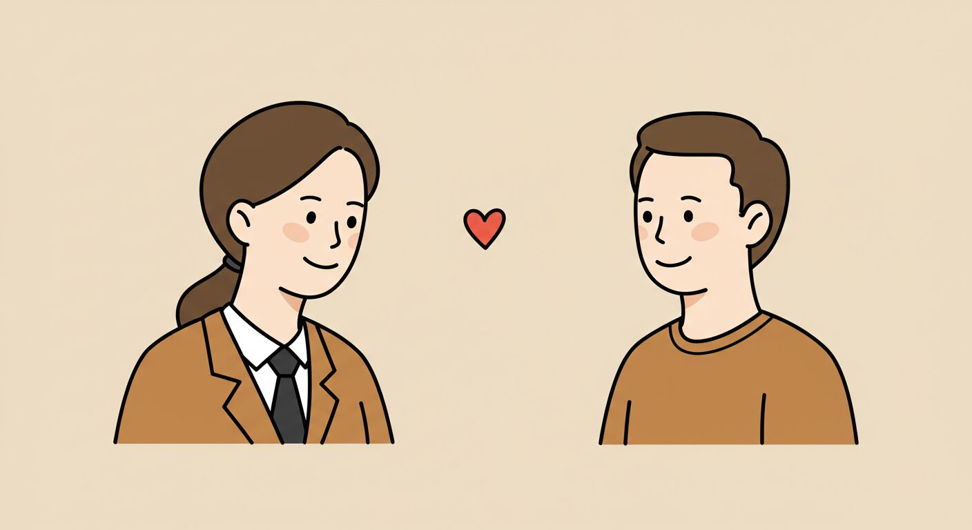 店内での心地よいコミュニケーション - 笑顔の店員と顧客が向き合い、間にハートが浮かぶ様子を描いた温かみのあるイラスト。