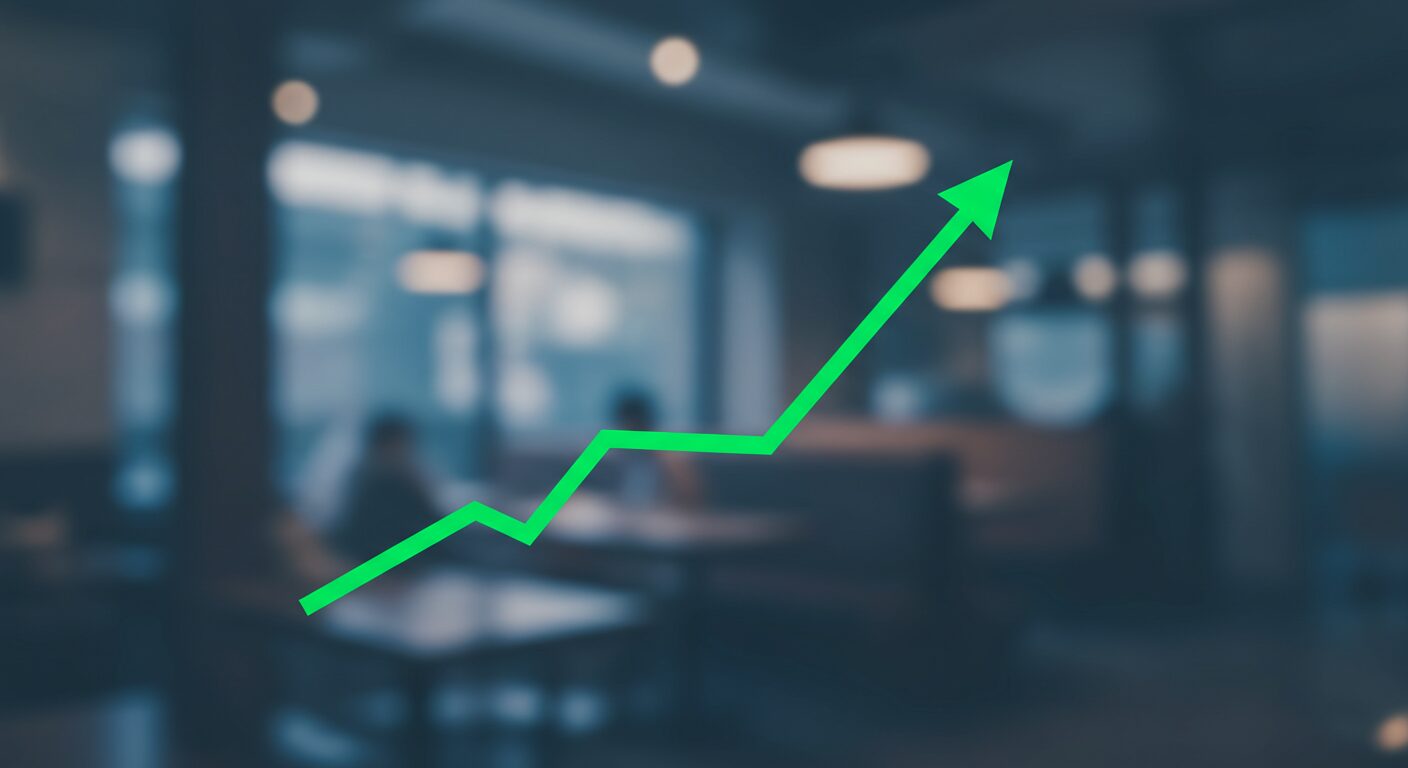 飲食店のグラフ - リピーターの重要性を示す、右肩上がりのシンプルな緑色の折れ線グラフのフラットイラスト。